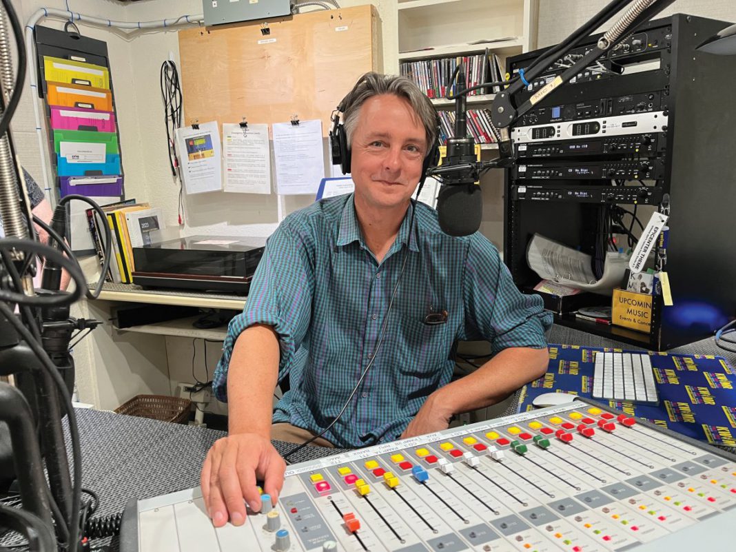 KWMR program director, Jeff Manson, on the air in the West Marin studio.